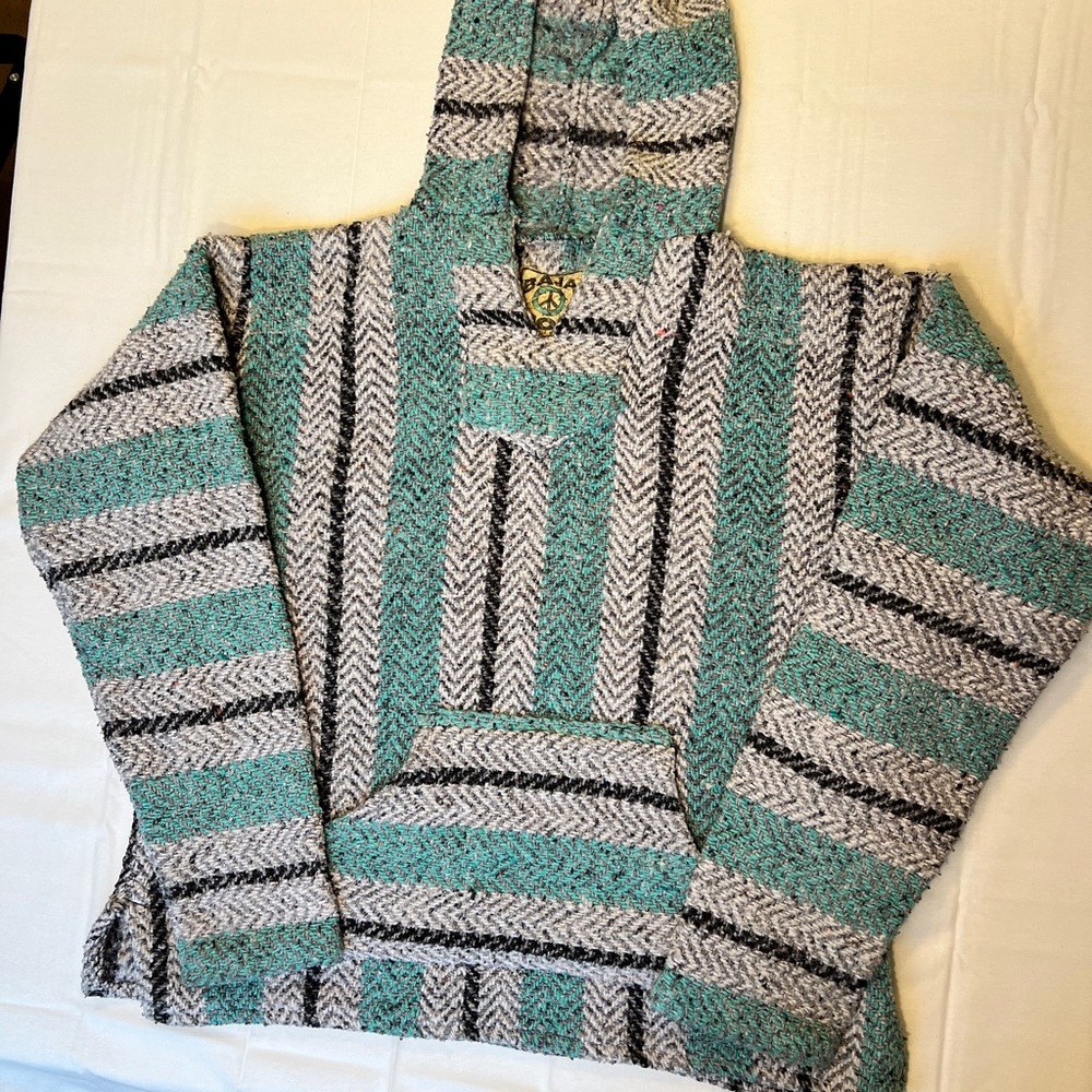 Striped V-Neck Sweater - Teal and Black